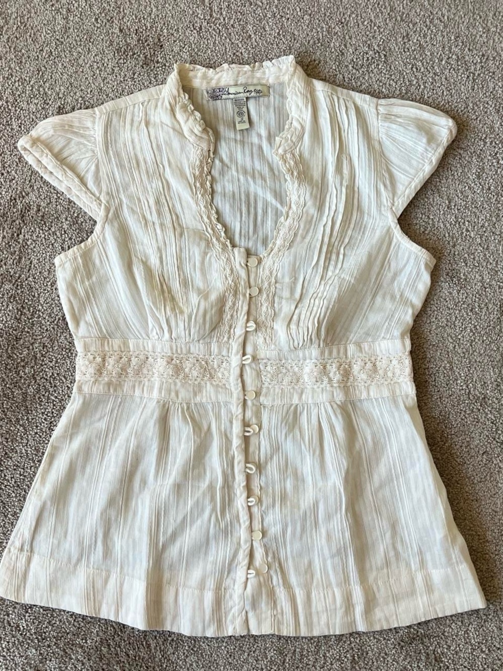American Rag Cie Lace Trim Babydoll Blouse Cream Cotton Cap Sleeve Button Top S